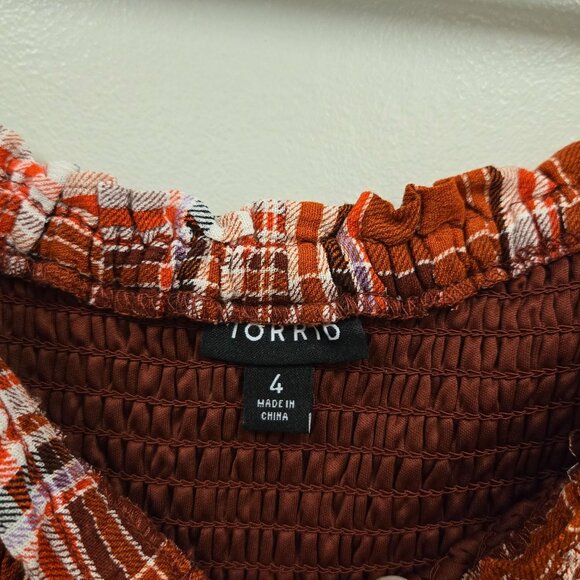 Torrid Womens Plus Size 4 Plaid Off-Shoulder Smocked Top Orange Rust & White Ray - Picture 4 of 10